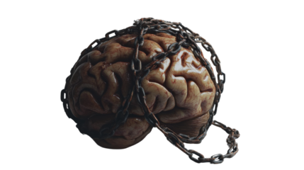 Human brain wrapped in chains on transparent background representing mental health issues