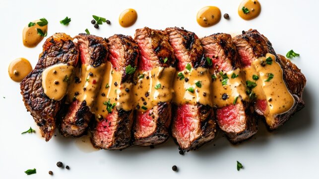 Grilled sirloin steak with peppercorn sauce on white background, creamy sauce drizzling over, fine restaurant plating, stylish food photography