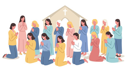 Obraz premium Group of people praying inside a church in flat vector art style vector illustration
