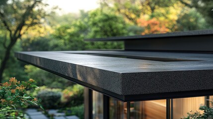 Sleek Modern Residential Exterior with Unique Architectural Details, Clean Lines, and Spaciousness, Enhanced by Natural Lighting and Surrounding Greenery, Perfect for Editorial and Commercial Use