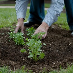 Planting herbs for outdoor garden, spring.