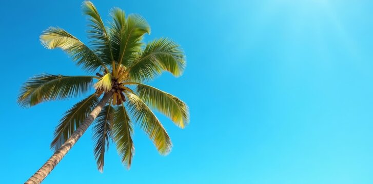 Tall coconut palm tree against clear blue sky on sunny day, palm tree, summer