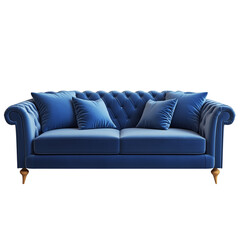 A modern blue fabric couch with sleek wooden legs, positioned against a seamless on transparent png background. Ai generated