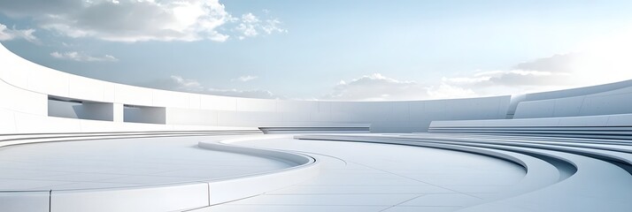 A minimalist contemporary design showcasing the sleek curved architecture of a grand futuristic sports arena set against a serene sky backdrop