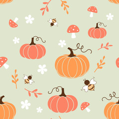 Seamless pattern with pumpkin, Autumn leaves, mushroom and bee cartoons on green background vector.