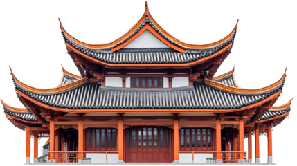 Illustration of Traditional Chinese Architecture Building Temple Asian Pavilion with Orange Roof Historical Landmarks on Transparent Background