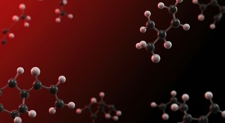 Abstract wallpaper background of medical work with molecules, red and black nodes and atoms floating around for a science or technology concept