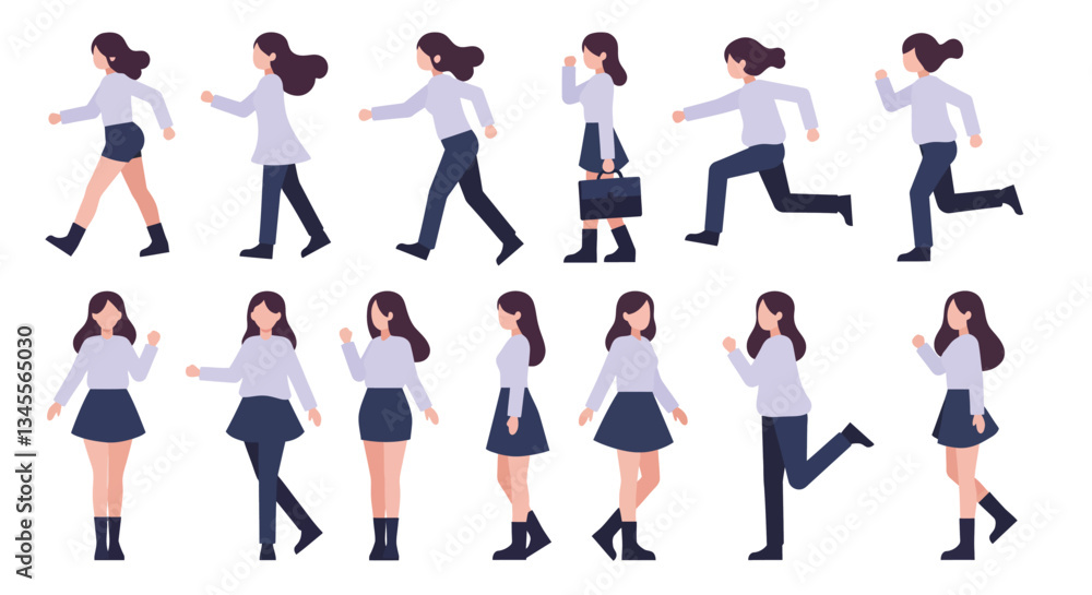 Poster character walking in different poses with flat design style vector art