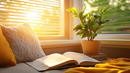 Sunlit Serenity: A Cozy Window Seat with Open Book, Plant, and Pillows