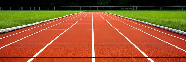 A modern minimalist running track with clearly defined lanes and a uniform vibrant orange surface surrounded by a lush green field
