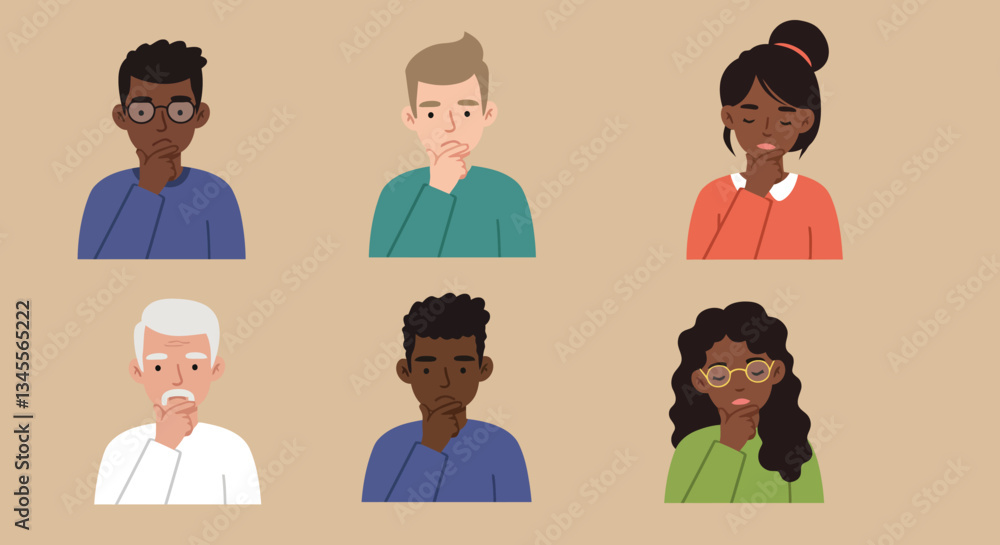 Poster six diverse characters displaying various expressions of contemplation and thoughtfulness in an anim