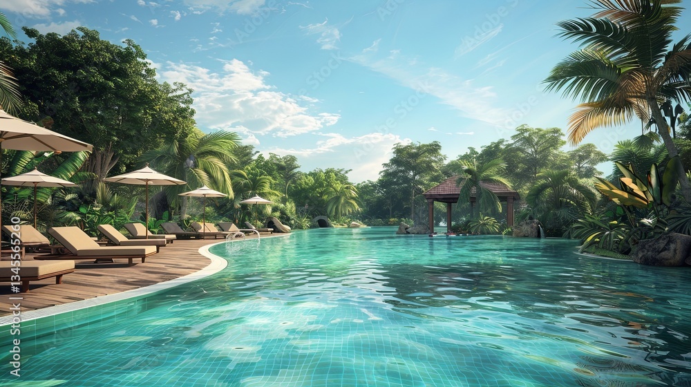 Poster Exotic resort featuring a serene pool surrounded by lush greenery and comfortable loungers in a tropical paradise setting Generative AI