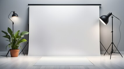 Clean, minimalist photography studio setup white backdrop, lighting equipment, plant. Ideal product photography showcasing designs.