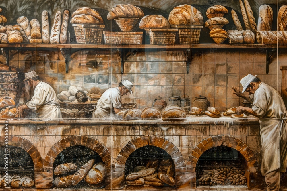 Poster Bakers preparing fresh bread in a traditional bakery setting with ovens and numerous loaves displayed Generative AI