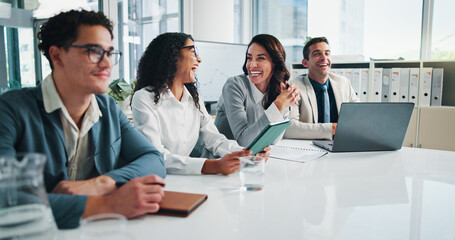Happy, listen or business people with investors in presentation for planning, finance profit or capital growth. Manager, funny joke or financial advisor laughing in meeting with team of directors