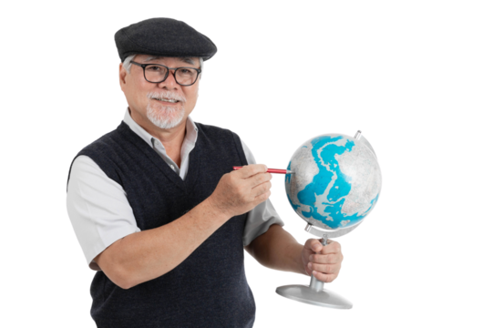 Senior man with glasses and flat cap smiling while pointing at a globe with a pencil, isolated on a transparent background, concept of geography, travel planning, education, world exploration teaching