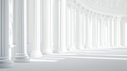 White colonnaded hall, bright sunlight, architectural perspective, interior view, timeless design, ideal for commercial use