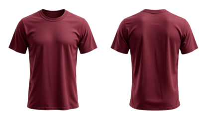 Blank maroon t-shirt mockup, front and back views. Perfect for showcasing your designs or branding. Clean, simple design for easy customization.