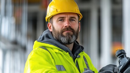 Focused worker in safety gear.  Serious, skilled worker in a safety helmet and high-visibility jacket, likely in an industrial setting