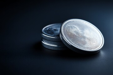 Stack of Silver Coins with Intricate Design on Dark Background