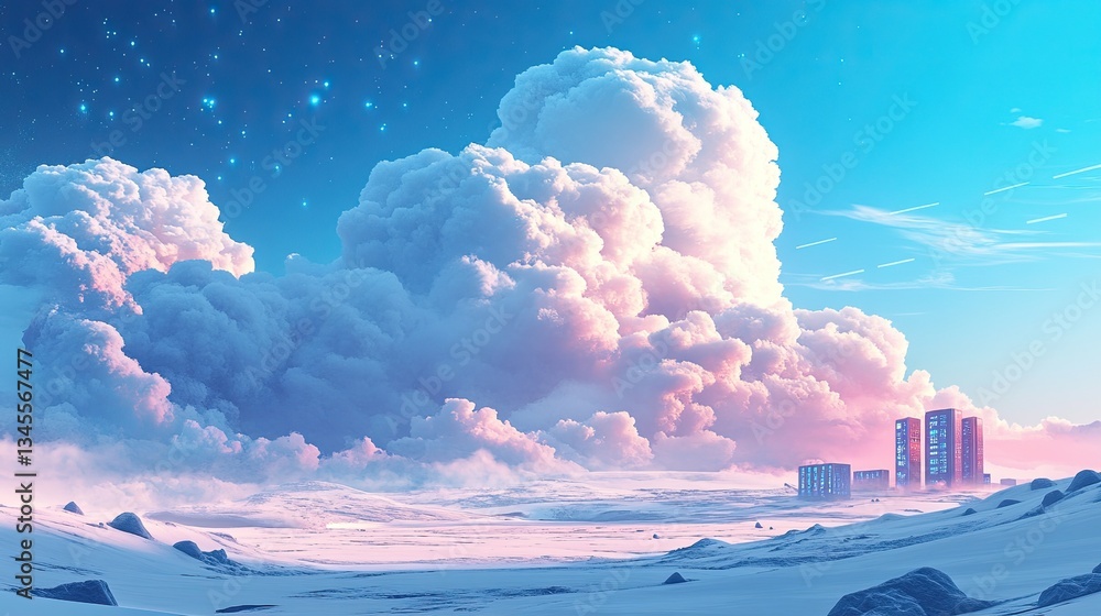 Poster a futuristic server farm with massive clouds storing digital data and accessible from any location.