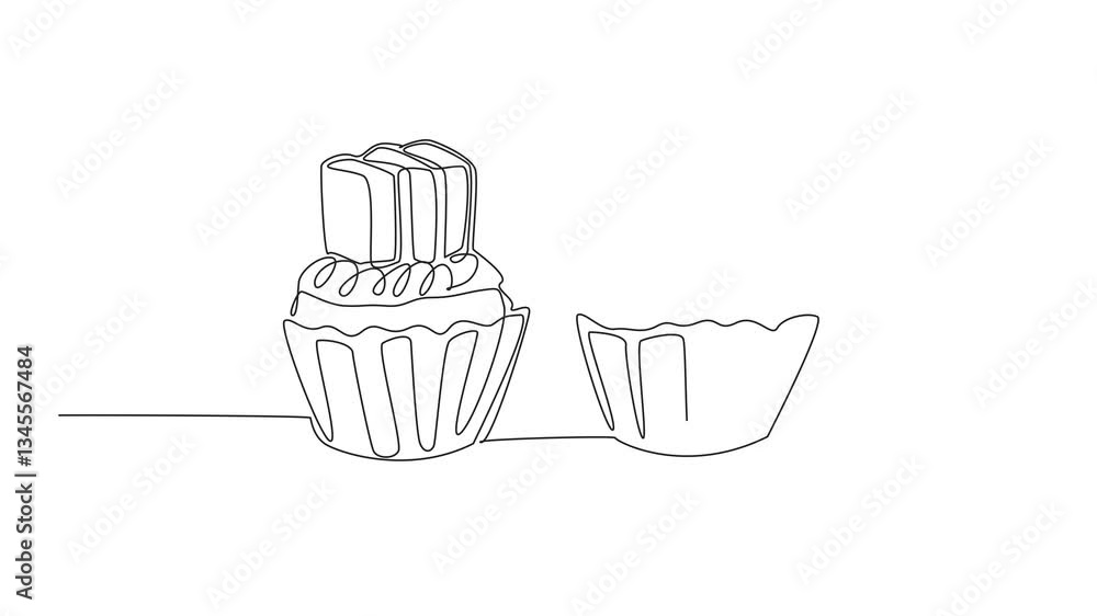Poster self drawing animation of continuous one line drawing two cupcakes with book topping. educational th