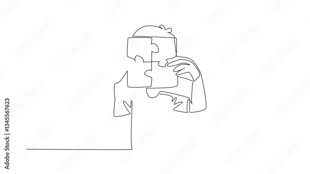 Aufkleber animation of a single one line drawing boy holds with both hands 4 piece puzzle in the shape of a bo