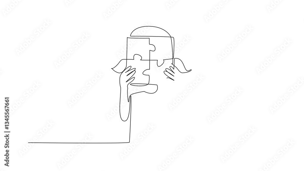 Poster self drawing animation of single continuous line drawing the girl holds with both hands 4 piece puzz