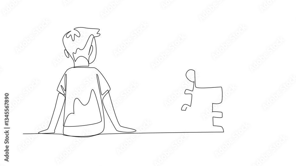 Poster self drawing animation of single one line drawing man sitting on floor next to is a robot toy. loyal
