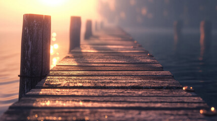 A rustic wooden pier extending over a still lake, illuminated by the warm, diffused light of sunset