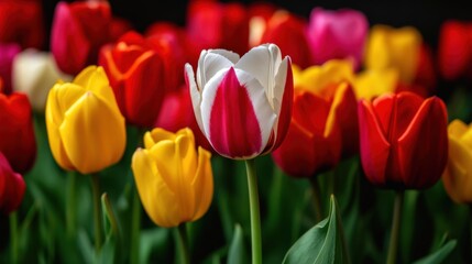 Tulip garden with vibrant colors during springtime, stunning variety of tulips, bright and fresh atmosphere, lush floral field
