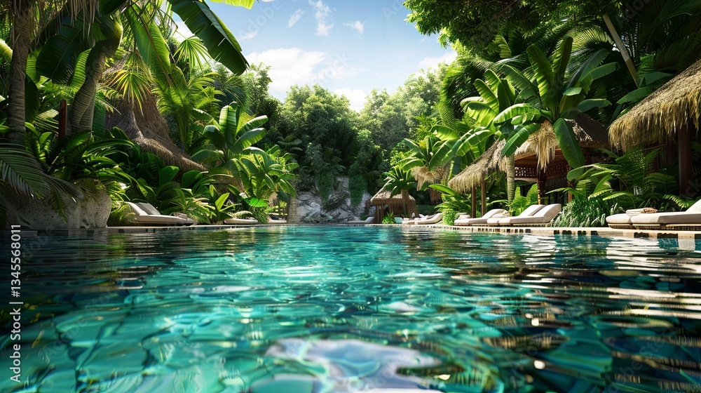 Poster exotic resort with crystal clear pool and lush greenery offers relaxation and tranquility for touris