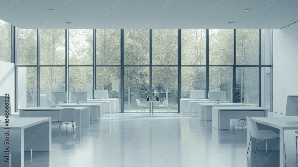 Poster modern minimalist office with forest view. possible stock photo use