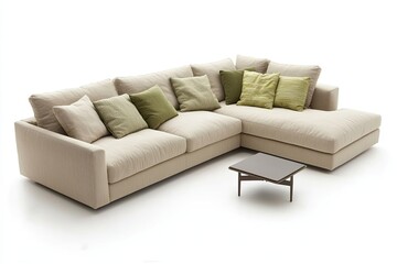 Soft beige sectional sofa a minimalist coffee table and a floor-standing mirror are shown isolated on a white