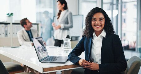 Meeting, accounting research or businesswoman in portrait with colleagues for planning or capital...