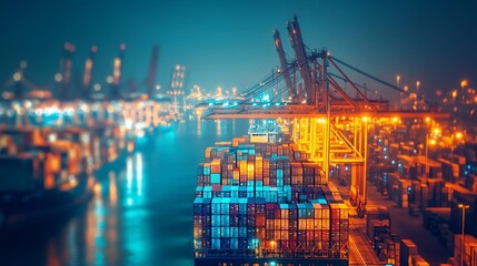Fototapeta premium Night harbor, cargo ship loading, container port, city lights, global trade