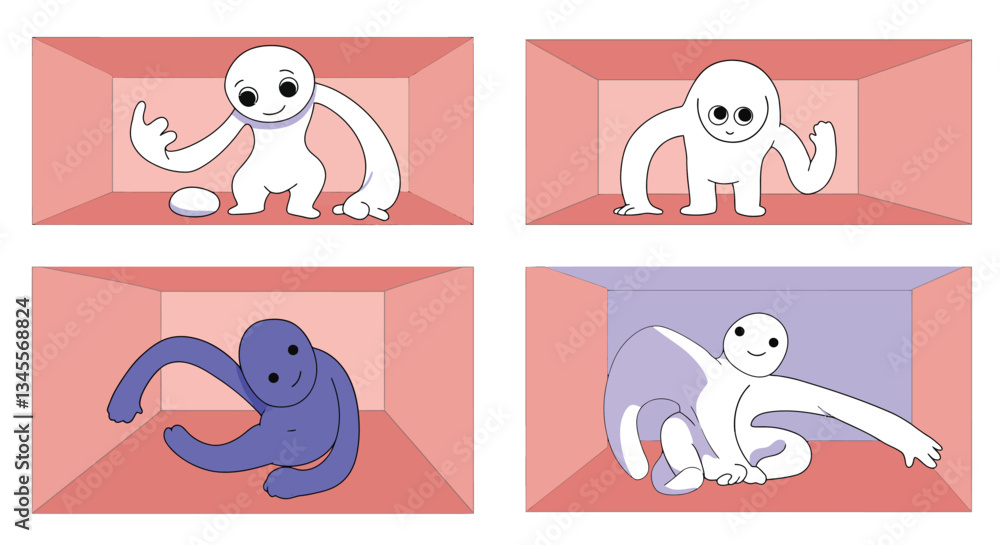 Poster animated characters transitioning between playful poses in colorful environments