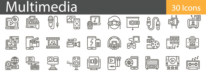 Multimedia Line Icons Set. Collection of 30 outline icons representing media content, digital tools, and creative entertainment. Editable stroke vector illustration.