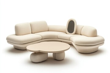Soft beige sectional sofa a minimalist coffee table and a floor-standing mirror are shown isolated on a white