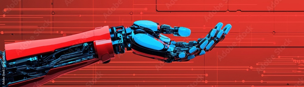 Poster robotic arm showcase futuristic environment digital art red background close-up view technology adva
