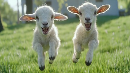 Fototapeta premium Two Joyful Lambs Leaping Through Spring Meadow