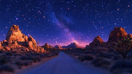 Obraz premium Starlit desert road journey joshua tree digital art night sky scenic view cosmic exploration