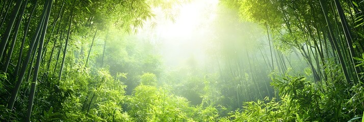 Obraz premium A tranquil atmospheric scene of a bamboo forest with lush vibrant green foliage and soft natural lighting filtering through the dense vegetation