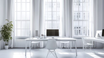 Modern white office interior with large windows
