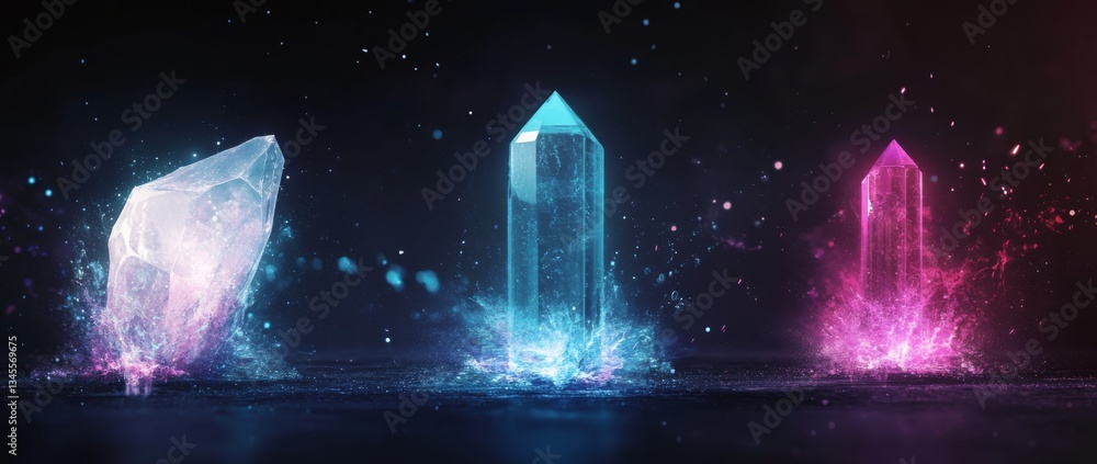 Poster crystals exploding in vibrant colors create a mesmerizing display of blue, pink, and clear quartz sh