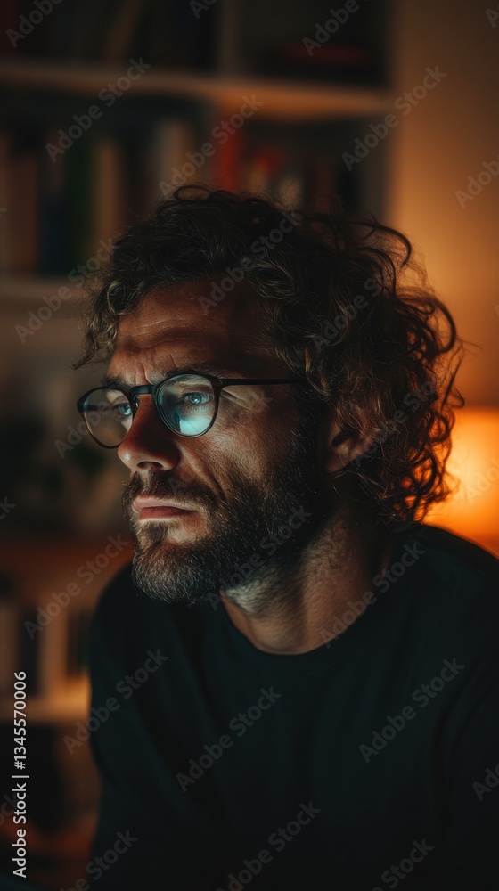 Poster Moody Digital Nomad Curly-Haired Professional in Soft Ambient Lighting - Authentic Remote Work Creativity and Millennial Career Transformation in Contemporary Home Office