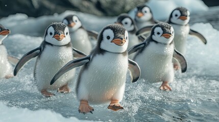 Obraz premium A group of baby penguins sliding on ice. 