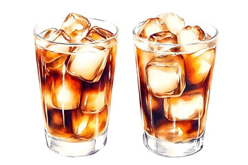 Illustration of Two Refreshing Cola Drinks with Ice Cubes in Clear Glasses Against a Transparent Background for a Cold Sweet Summer Beverage