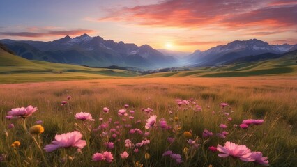 A vast meadow filled with vibrant wildflowers of pink, red, and orange hues.
