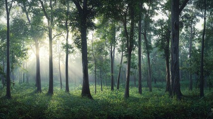 Fototapeta premium Sun Rays Shining Through Green Forest Trees in Peaceful Morning Scene